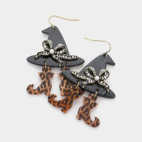 Witch Hat Leopard Patterned Shoes Earrings - Picture 1 of 1